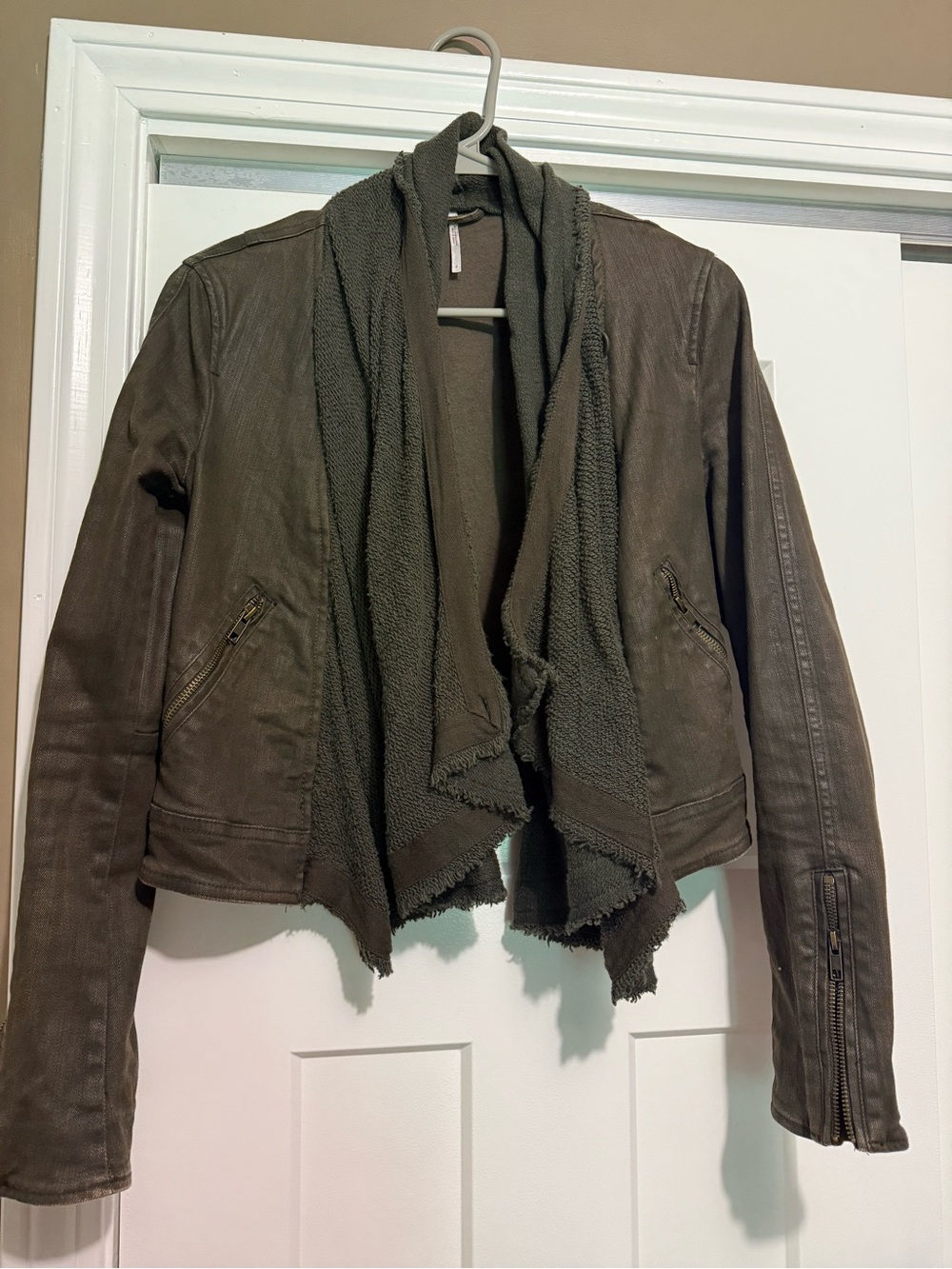 Free People Olive Green Draped Leather & Knit Collar Jacket